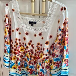 Suzanne Betro White Floral Square-Neck Tunic with Bright Multi-Color Border
